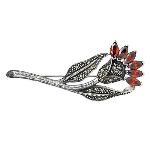 Childrens Toyshop  Jewelry : Sterling Silver Marcasite Garnet Cubic Zirconium Rose Brooch
