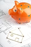 IMAGE OF Wallmonkeys Peel and Stick Wall Decals - Piggy Bank on Blueprints with House - 72
