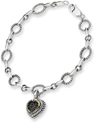 Sterling Silver w/14k Black Diamond Heart Link 7.5" Bracelet