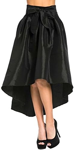 Women High Low Taffeta Pleated Flared Midi Skirt (Small, Black)