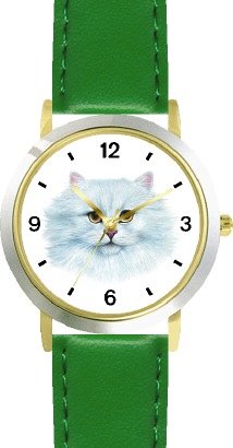 White Persian Cat - JP - WATCHBUDDY® DELUXE TWO-TONE THEME WATCH - Arabic Numbers - Green Leather Strap-Size-Large ( Men
