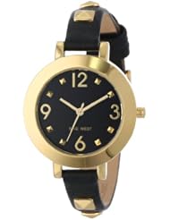Nine West Womens NW/1498BKBK Gold-Tone Pyramid Studded Black Strap Watch