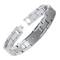 Tungsten Carbide ID Link Bracelet Satin High Polish with CZ 8"
