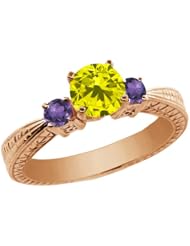 1.00 Ct Round Canary Diamond Purple Amethyst 18K Rose Gold 3-Stone Ring