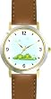 Two Green Frogs 0n Lily Pad & Dragonflies Cartoon - Frog - JP Animal - WATCHBUDDY&reg; DELUXE TWO-TONE THEME WATCH - Arabic Numbers - Brown Leather Strap-Size-Large ( Men's Size or Jumbo Women's Size )