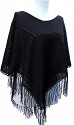 Handmade Poncho in Classic Black (100% Crocheted Border, One Size Fits Most Women)