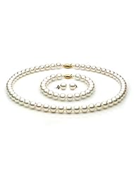 14k Gold 7-7.5mm White Akoya Saltwater Cultured Pearl Set AA+ Quality, Set Includes Necklace, Bracelet, & Earrings
