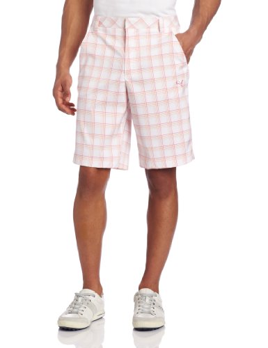 Puma Golf NA Men's Plaid Tech Shorts, White/Vibrant Orange/Cabaret, 38 On Sale