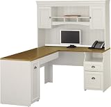 Fairview Collection L-shaped White Antique Computer Desk with Included Hutch