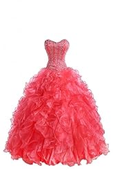 Occasion: Quinceanera  
Shoulder: Strapless  
Embellishments: Beaded  Ruffles  
Closure/Back: Lace Up 
Size Category: Adult 
