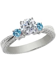 1.30 Ct Round H/I Diamond Swiss Blue Topaz 18K White Gold 3-Stone Ring