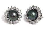 18K White Gold Natural Black 10.5mm Tahitian South-Sea Pearl Earrings, Surrounded By Prong Set Diamonds.