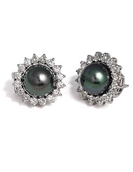 18K White Gold Natural Black 10.5mm Tahitian South-Sea Pearl Earrings, Surrounded By Prong Set Diamonds.
