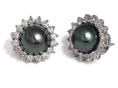 18K White Gold Natural Black 10.5mm Tahitian South-Sea Pearl Earrings, Surrounded By Prong Set Diamonds.
