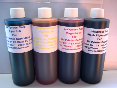 Bulk Ink Refill 4 Color Set 250ml Each for HP Printer Cartridges