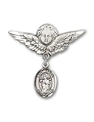 Sterling Silver Baby Badge with St. Aedan of Ferns Charm and Angel with Wings Badge Pin