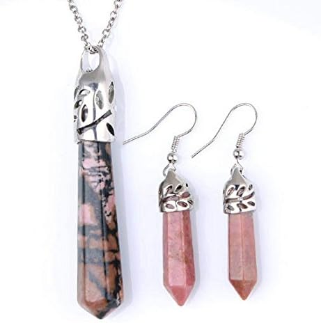 Natural Black Red Stripes Faceted Pendulum Necklace &amp; Earrings Set, Pink+Black