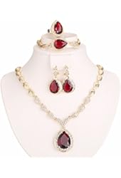 Women Gold Plated Red Cubic Zirconia Jewelry Set Crystal Necklace Earring Bracelet Ring