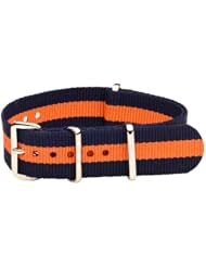 20mm Classic SS Nylon Striped Navy Blue / Orange - Easily Interchangeable Replacement Military Watch Band / Strap - Fits All Watches!!!