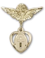 Gold Filled Baby Badge with Cross Charm and Angel with Wings Badge Pin