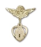 14kt Gold Baby Badge with Cross Charm and Angel w/Wings Badge Pin