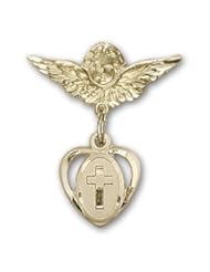 14K Gold Baby Badge with Cross Charm and Angel with Wings Badge Pin