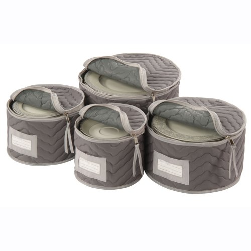 China Dinnerware Storage – Deluxe Quilted Microfiber (Light Gray) (12″H x 12.25″W x 6″D)