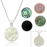 Genuine Pink Mother of Pearl, Gray Mother of Pearl, Onyx, Mother Of Pearl, Abalone 5 Stone Sterling Silver .925 Round Eternity Filigree Reversible Pendant Jewelry Set Valentines Day