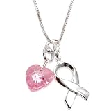 Sterling Silver Breast Cancer Awareness Ribbon + Pink CZ Heart Charm on 18in Chain Necklace