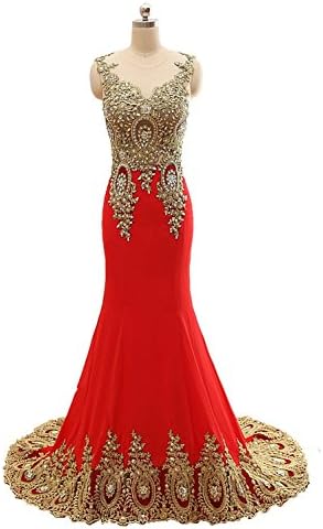 PrettyBridal® Womens Appliques Chiffon Long Mermaid Prom Dress Formal Gowns Red US14