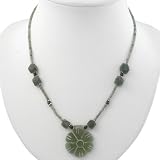 Handmade Floral Green Serpentine & Red Agate Pendant Necklace With Antiqued Silver Beads