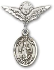 Sterling Silver Baby Badge with St. Clement Charm and Angel with Wings Badge Pin