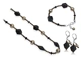 Sterling Silver Black and Silver Shade Crystal and Bronze Pearl Bracelet Earrings with Necklace Jewelry Set Made with Swarovski Elements