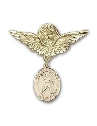 14K Gold Baby Badge with St. Christopher/Football Charm and Angel with Wings Badge Pin
