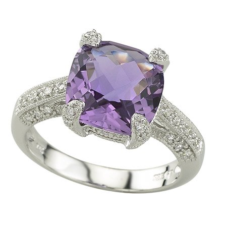 14K White Gold Amethyst and Diamond Ring