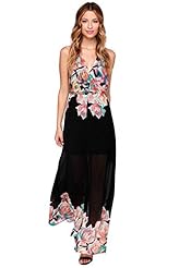 Sexy V-neck Chiffon Floral Print Summer Halter Backless Maxi Dress 