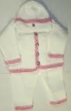 Cpk601, Knitted on Hand Knitting Machine White Cotton with Hand Crocheted Raspberry Chenille Trim Cardigan Sweater Pant Hat Set