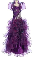Girls Organza Corset   Waistline Full Length High-Low-Hem Beaded  Crystal  Dress With Ruffles