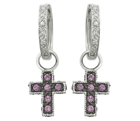 14K White Gold Pink Sapphire and Diamond Cross Earrings