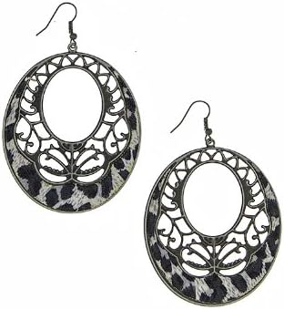 VICTORIA KORS OVAL LEOPARD PRINT WITH FLORAL CUTOUT EARRING (Black)