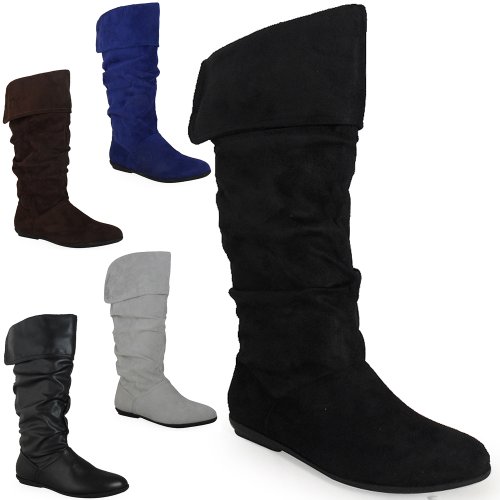 New Womens Ladies Faux Suede Cuff Pixie Mid-Calf Flat Low Heel Boots Shoes Size 3 4 5 6 7 8 UK