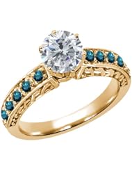 1.30 Ct Round H/I and Blue Diamond 925 Yellow Gold Plated Silver Ring