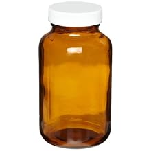 Greenwood Products Glass Wide Mouth Packer Amber Bottle, with White Polypropylene PTFE Lined Cap, Assembled