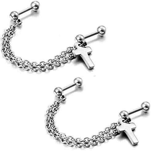 Janestore Silver Stainless Steel Cross Double Cartilage Piercing Earrings Set w Chains