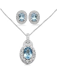Sterling Silver Oval Blue and White Topaz Ring, Pendant Necklace, Earrings Box Set, Size 7