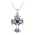 Sterling Silver Celtic Cross w/ Genuine Sapphire Center Pendant w/ Rolo Chain, 18"