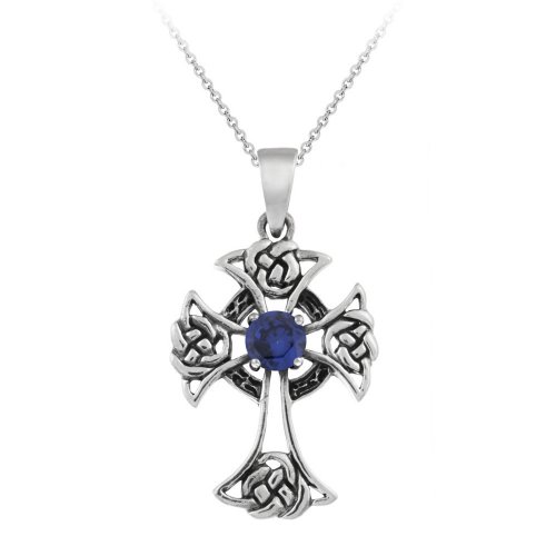 Sterling Silver Celtic Cross with Sapphire Center Pendant with Rolo Chain, 18"