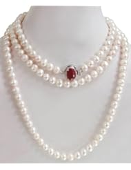 Designer Long Single Strand Natural Fresh Water Pearl Beaded Necklace with 925 Sterling Silver Oval Ruby Clasp