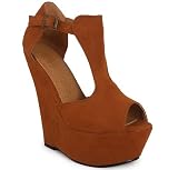 NEW WOMENS LADIES TAN/RUST FAUX SUEDE PLATFORM PEEPTOE BUCKLE HIGH WEDGE SHOES SIZES 3-8