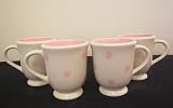 Ronnie's Terramoto Ceramic, Set of 4 Coffee Mugs / Tea Cups, 8 ounces, Pink Polka Dots on White Base